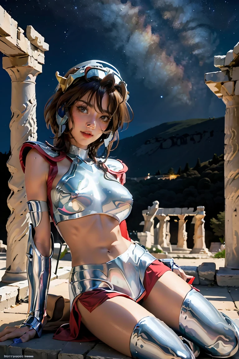 masterpiece, best quality, ultra high res, realistic skin texture,silver armor, armature, (photorealistic:1.4), high resolution, raw photo, 1 girl, shiny skin, (detail skin:1.2), realistic skin texture, best lighting, wearing red panty, (perfect breast:1.3), sparkle, mecha armor, (short hair:1.2), (Pegasus Seiya:1.2), wearing a winged helmet, dramatic lighting, dynamic pose, (greek temple background:1.3), night sky, cosmos, milky way,