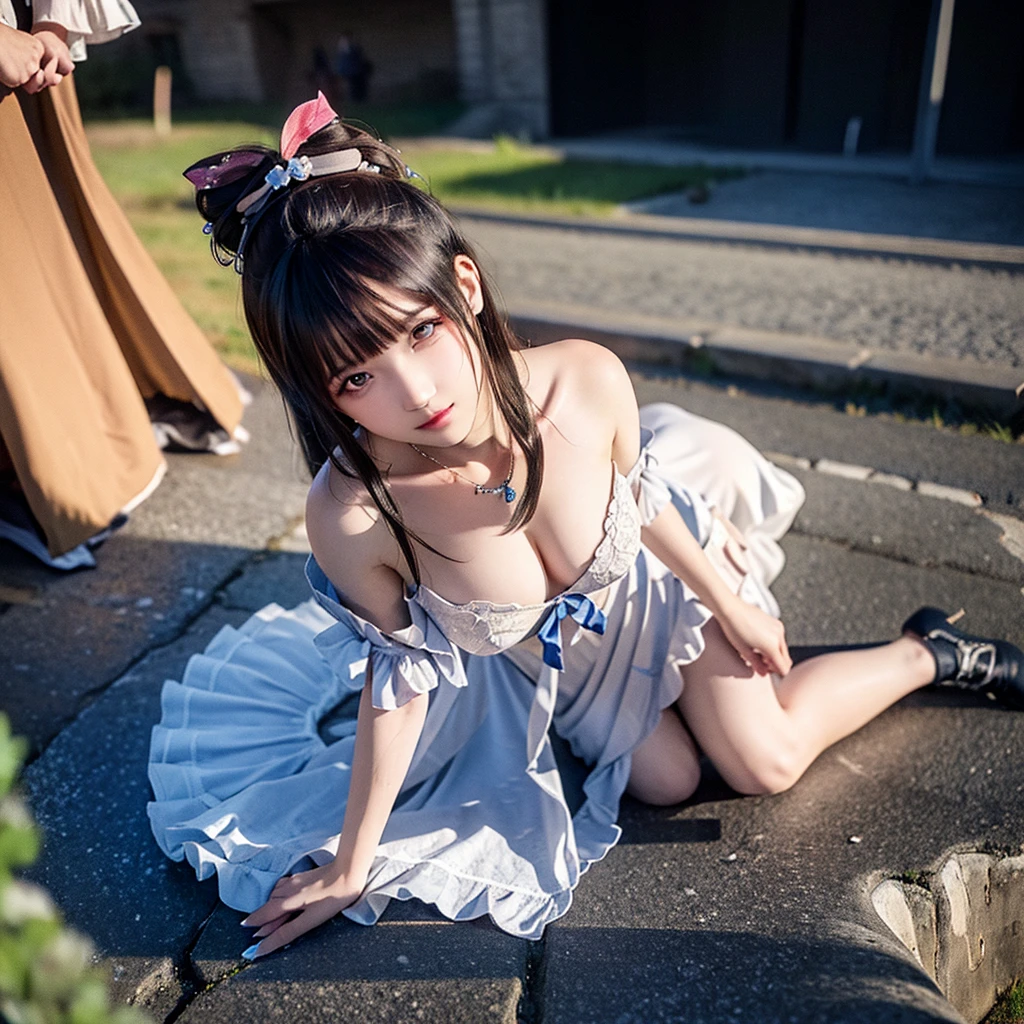 (msterpiece:1.3), (8k, RAW photo, best quality: 1.4), beautiful face, beautiful hairstyle, beautiful detailed eyes, beautiful skin, absurdres, attractive, ultra high res, highly detailed,NSFW, 3 girls in abandoned underground basement, big breast,facial close up,necklace,arms behind back,evil smile,knife,light long hair, ultra detailed skin,Heavy makeup, flower hairpin, naked,colorful patterned lace dress, dirty ground,on a rock,bondage,dirty rock,half body,