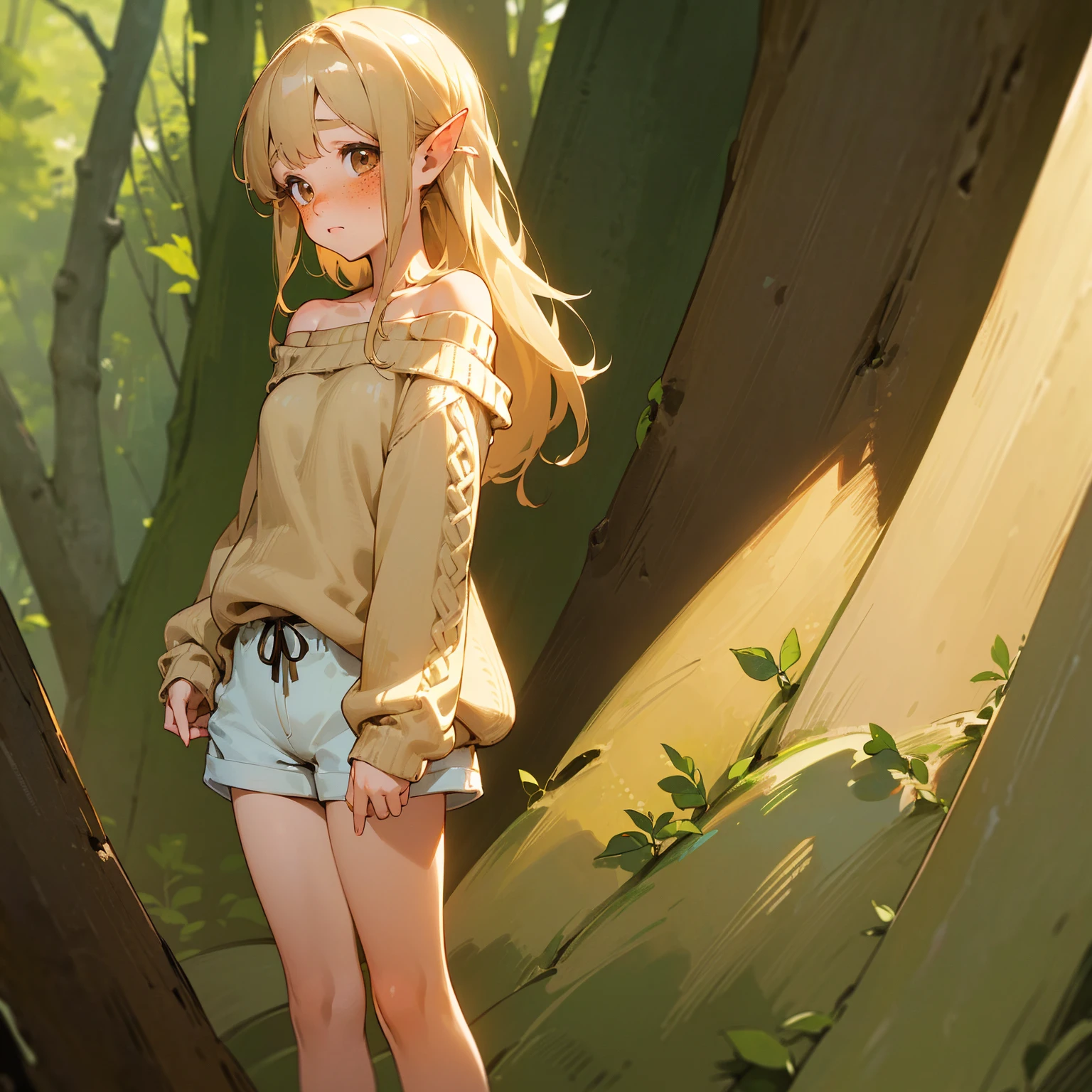 ((female, forest nymph, innocent eyes, brown colored eyes, soft blonde hair, shy, in forest, freckles, brown off the shoulder sweater, loose white shorts, skinny, blushing))
