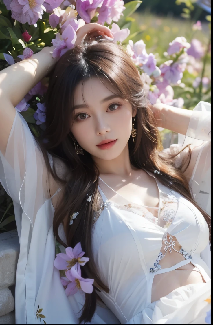 Beautiful Japanese waifu, early 30s, brunette hair, fantasy xianxia silky dress in white with a lot of jewelry decorations, cropped top, lying in wild flowers field