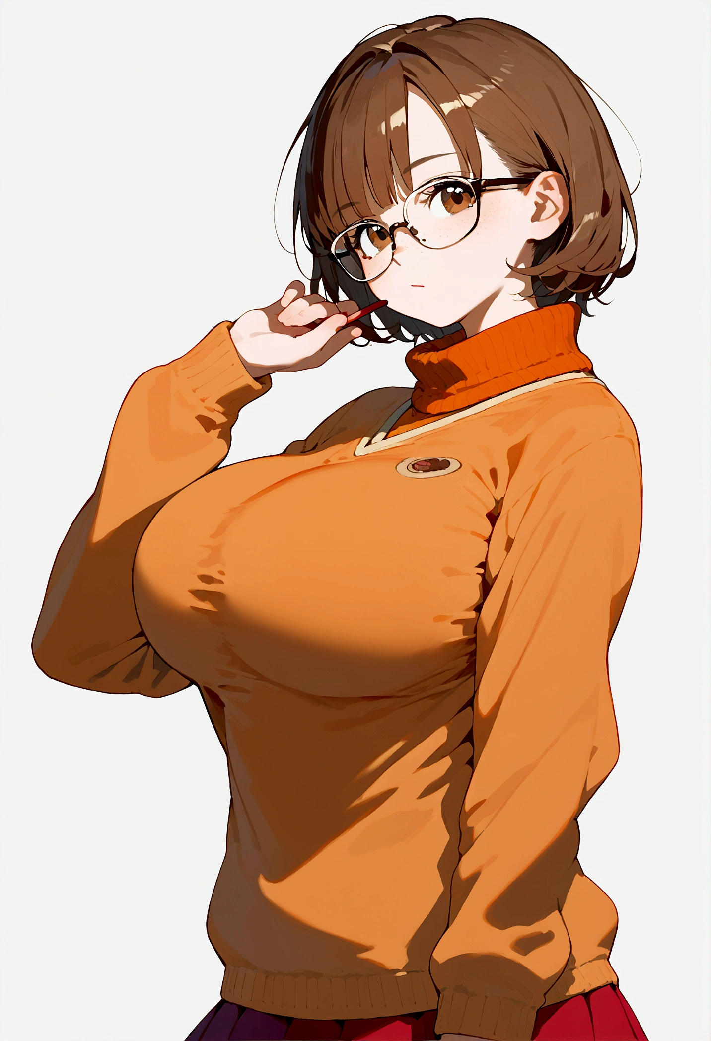 score_9, score_8_up, score_7_up, source_anime BREAK 1girl, VelmaXL, 1girl, solo, short hair, skirt, brown hair, shirt, pleated skirt, glasses, socks, sweater, kneehighs, red skirt, turtleneck, freckles, orange shirt, orange sweater, upper body, cowboy shot, brown eyes, large breasts, huge breasts, "Old"