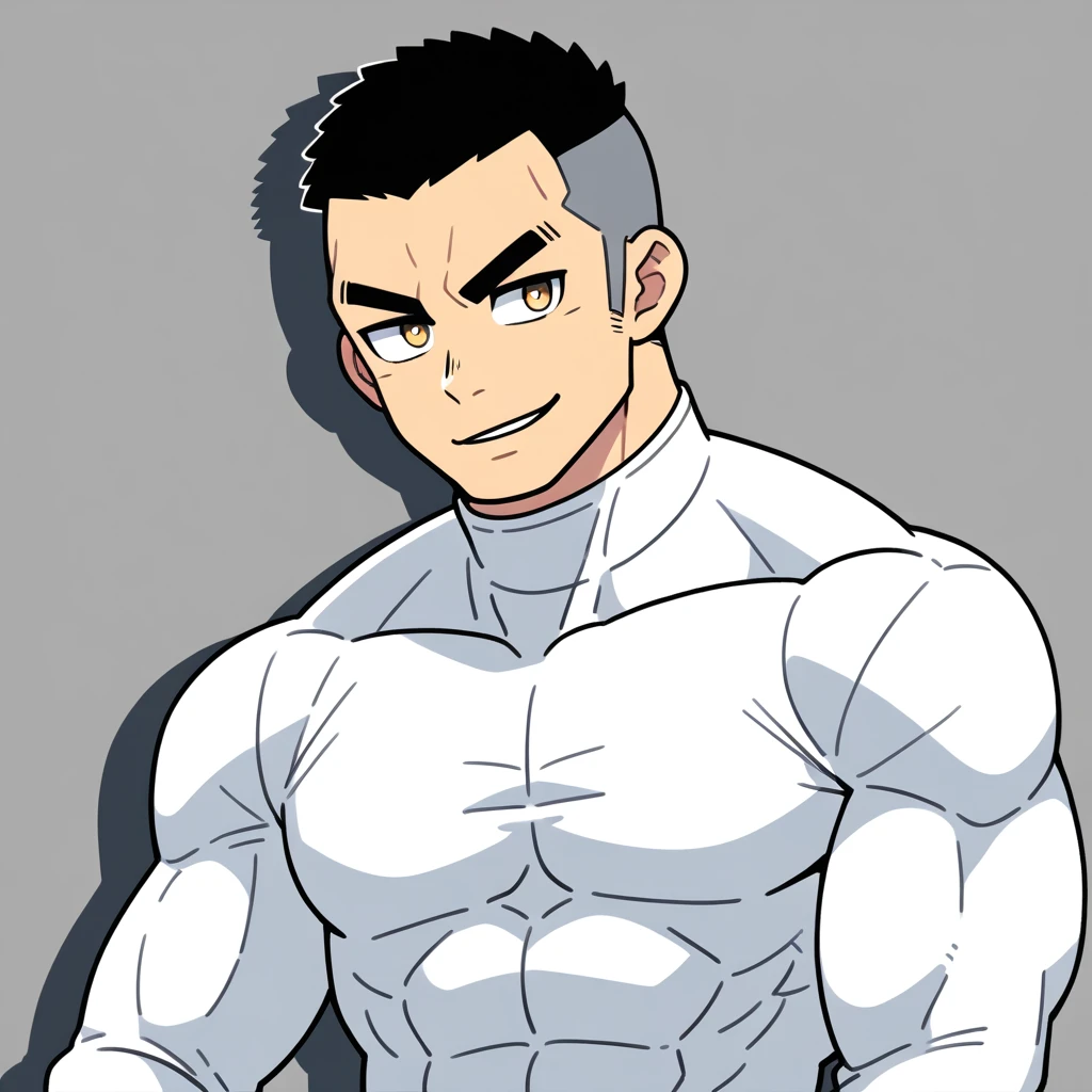 anime characters：Gyee, Muscle Sports Student, Buzz Cut，Manliness, male focus, Mike White high collar long sleeve tight T-shirt, Slightly transparent material, Very tight, Round, full and perky chest muscles, Slightly transparent, muscular male, muscular, only, Upper body, alone, Black short hair, Thick eyebrows, stubble, Yellow eyes, Grey background, simple background, amazing quality, best aesthetics, Ridiculous, bright pupils, crew cut, parted lips, seductive smile, torogao, naughty face, drop shadow, best quality