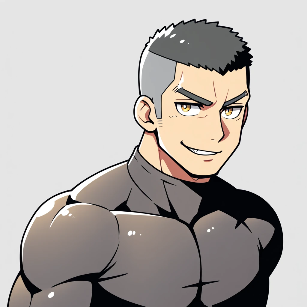 anime characters:Gyee, Muscle Sports Student, Buzz Cut,Manliness, male focus, Mike White high collar long sleeve tight T-shirt, Slightly transparent material, Very tight, Round, full and perky chest muscles, Slightly transparent, muscular male, muscular, only, Upper body, alone, Black short hair, Thick eyebrows, stubble, Yellow eyes, Grey background, simple background, amazing quality, best aesthetics, Ridiculous, bright pupils, crew cut, parted lips, seductive smile, torogao, naughty face, drop shadow, best quality