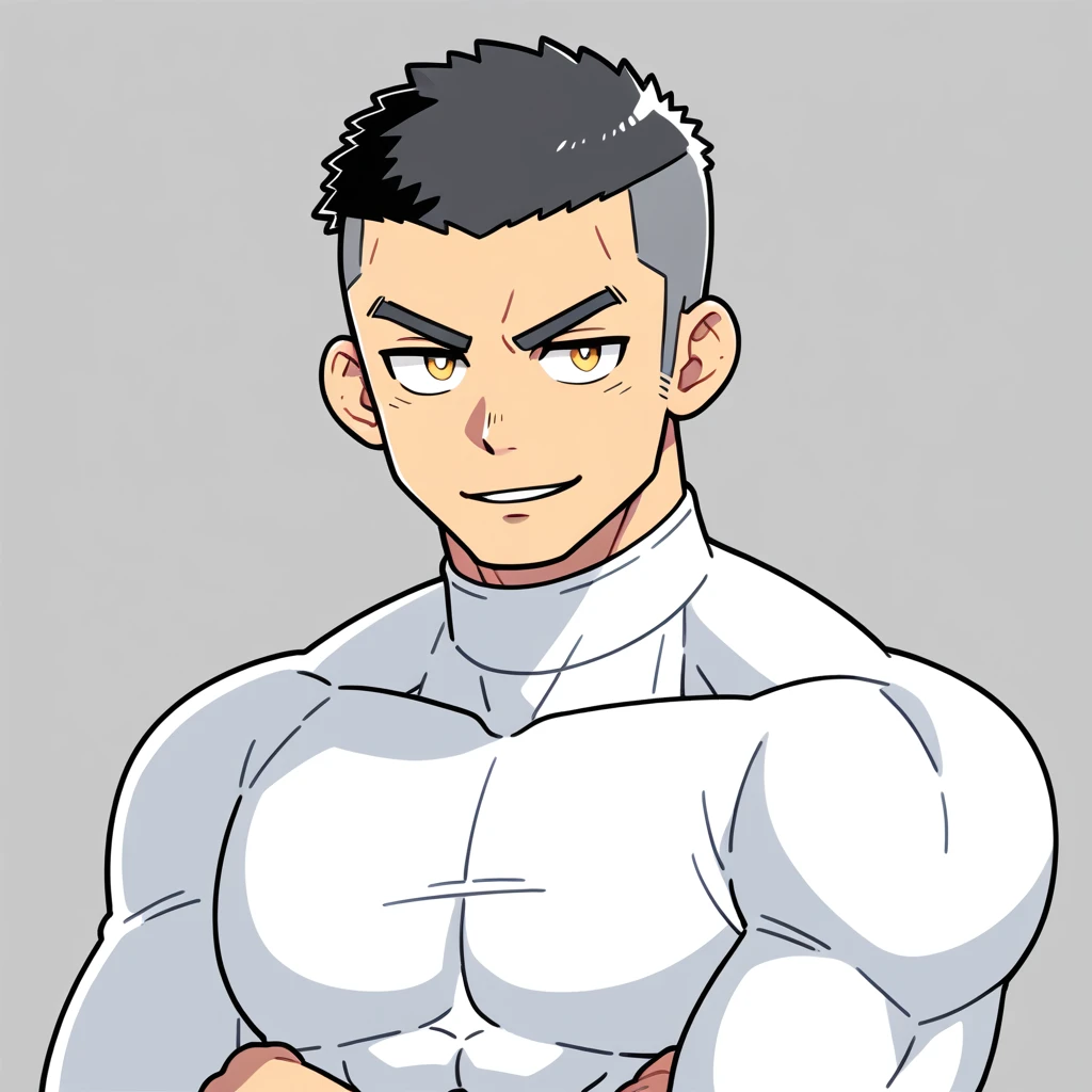 anime characters：Gyee, Muscle Sports Student, Buzz Cut，Manliness, male focus, Mike White high collar long sleeve tight T-shirt, Slightly transparent material, Very tight, Round, full and perky chest muscles, Slightly transparent, muscular male, muscular, only, Upper body, alone, Black short hair, Thick eyebrows, stubble, Yellow eyes, Grey background, simple background, amazing quality, best aesthetics, Ridiculous, bright pupils, crew cut, parted lips, seductive smile, torogao, naughty face, drop shadow, best quality