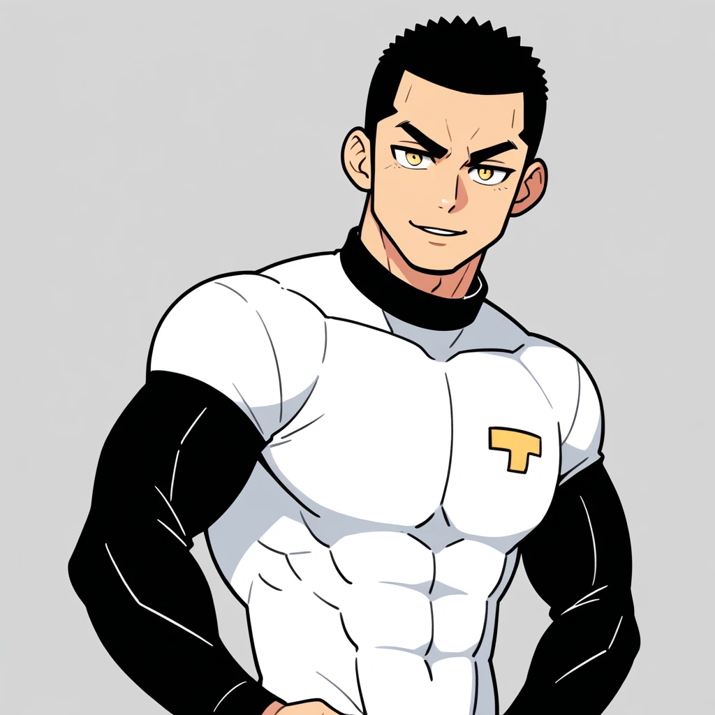 anime characters:Gyee, Muscle Sports Student, Buzz Cut,Manliness, male focus, Mike White high collar long sleeve tight T-shirt, Slightly transparent material, Very tight, Round, full and perky chest muscles, Slightly transparent, muscular male, muscular, only, Upper body, alone, Black short hair, Thick eyebrows, stubble, Yellow eyes, Grey background, simple background, amazing quality, best aesthetics, Ridiculous, bright pupils, crew cut, parted lips, seductive smile, torogao, naughty face, drop shadow, best quality