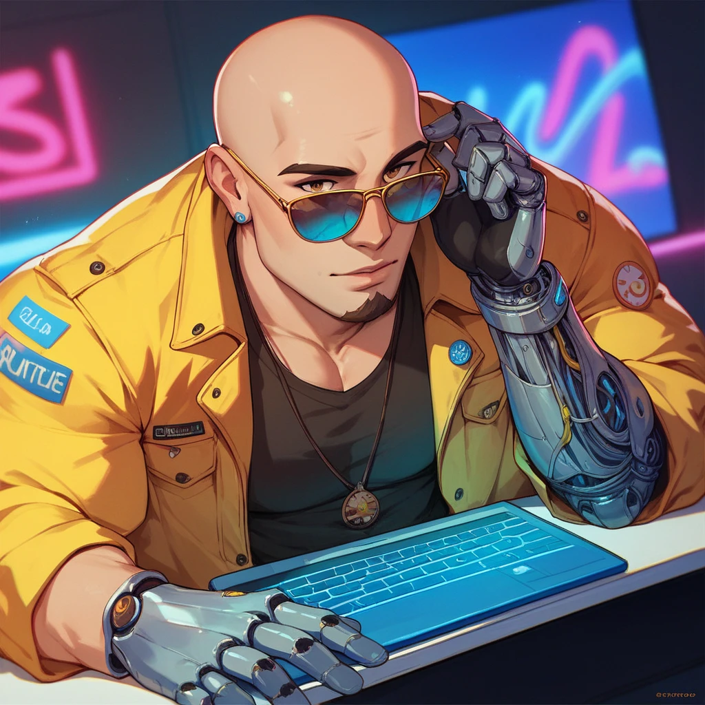 A bald guy with a short and stylish brown beard, athletic body, wearing yellow jacket with blue neon, sunglasses, robotic arm implants, connected ends, in his bedroom, using a computer to hack, sci fi environment, night-time, POV view