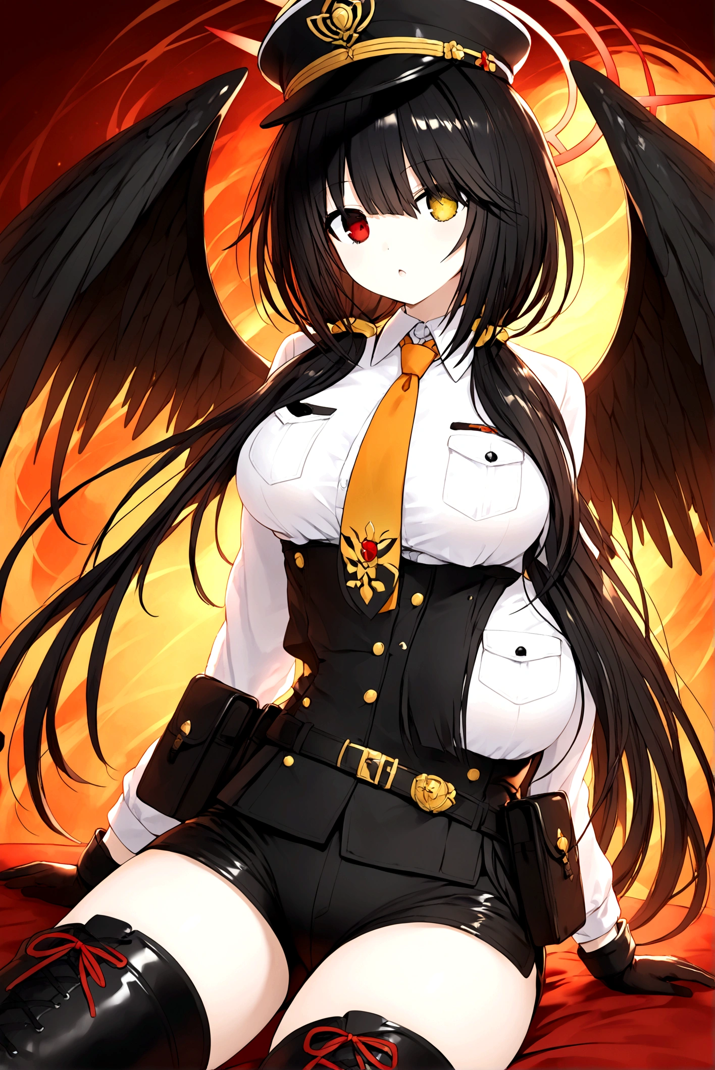 Anime adaptation for this character, (masterpiece) , (best quality), (ultra HD), 4K, tokisaki kurumi, tokisaki kurumi, heterochromia, black hair, very long hair, red right eye, yellow left eye, ornament hair, large breast, white shirt, orange necktie, belt, pouch, black pants, thigh boots, military hat, black gloves, black wings, orange halo