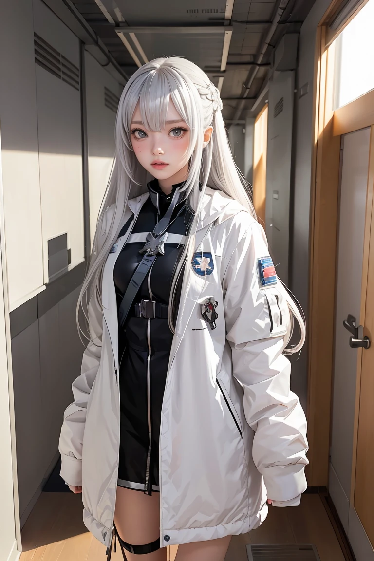 anime girl with long hair and white coat standing in a hallway, girls frontline style, from girls frontline, from arknights, portrait anime space cadet girl, cute anime girl, anime visual of a cute girl, silver hair girl, an anime girl, anime mecha aesthetic, anime aesthetic, beautiful anime portrait, portrait anime girl, pretty anime girl, beautiful anime girl