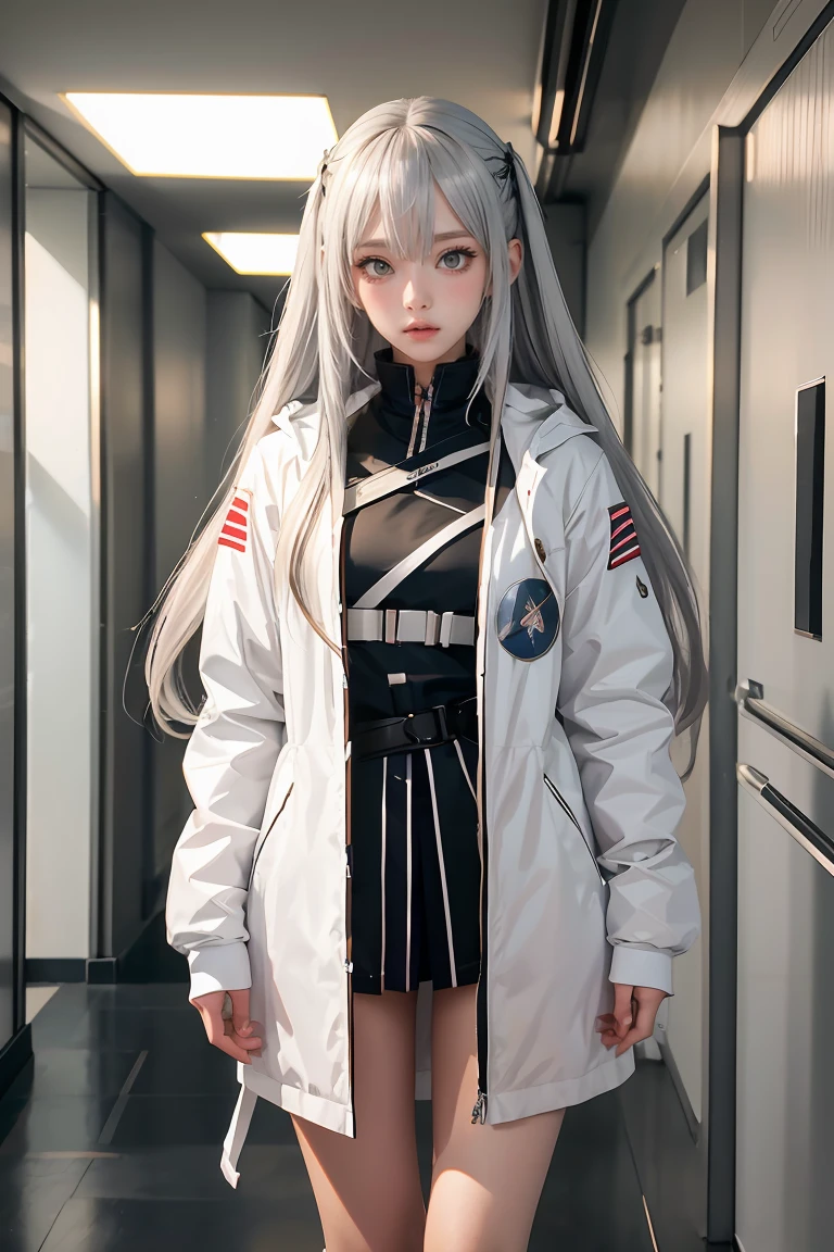 anime girl with long hair and white coat standing in a hallway, girls frontline style, from girls frontline, from arknights, portrait anime space cadet girl, cute anime girl, anime visual of a cute girl, silver hair girl, an anime girl, anime mecha aesthetic, anime aesthetic, beautiful anime portrait, portrait anime girl, pretty anime girl, beautiful anime girl