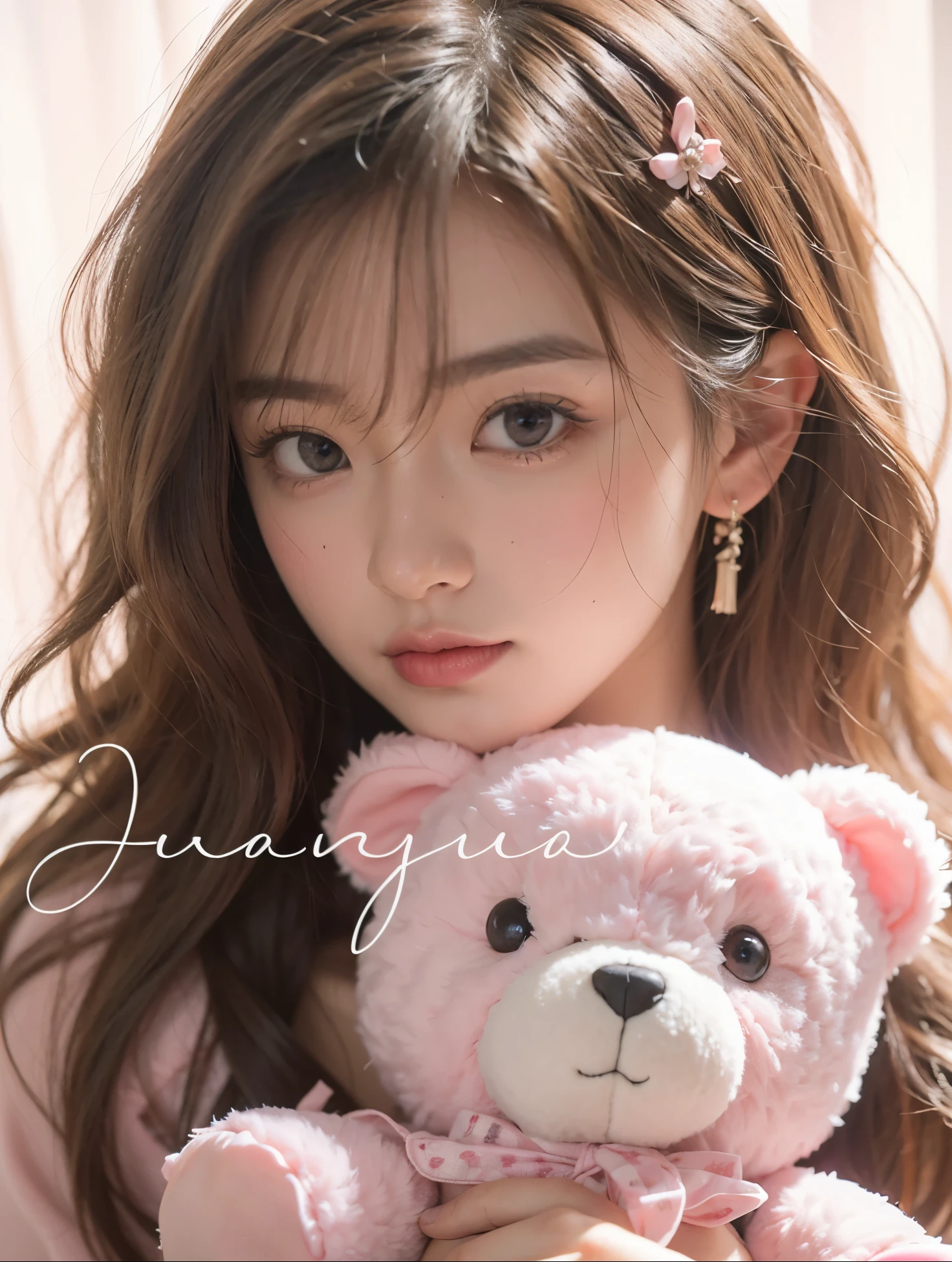 Beautiful Japanese waifu, brunette hair, holding a pink teddy bear, close up