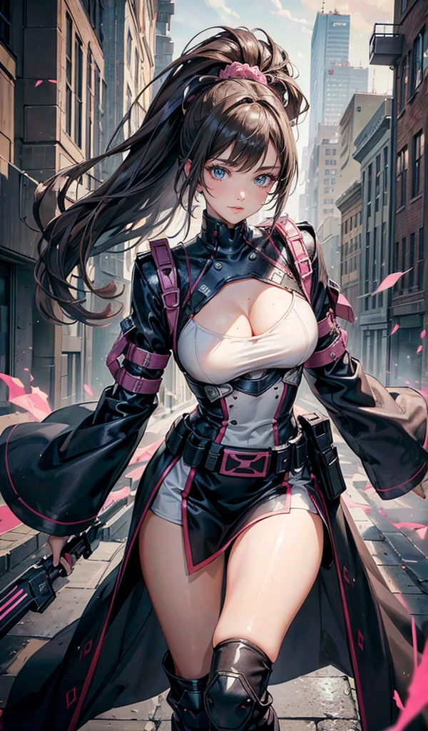 Please follow the all prompts below exactly and faithfully, This is a ultra masterpiece of the most In a breathtakingly beautiful digital illustrations in the highest quality with maximum resolution, UHD, 512K, 2160p, 10 million ppi, 300 million dpi, natural tones, created with ultra-clear details, the highest realistic skin and hair texture, the most beautiful detailed eye features, a perfect anatomically correct human body, a beautiful background with depth, the rule of thirds, depth of field, and the best and most beautiful natural lighting, 1woman, 25years old, sexy, beautiful face, elegant mature woman, Ultimate beauty of all time:1.5, Ultimate attractive face that combines sexiness and eroticism:1.5, solo:1.3, light light brown hair, pony tail, (eyes visible through hair:1.3), glossy very thick lips:1.3, pink lipstick:1.0, sexy smile:1.5, lively cyberpunk warrior outfit, no head covering, wielding a high-tech weapon, energetic pose, bright shades, detailed patterns, high-tech robes, urban influence, contemporary twist, light armor, sleek appearance, graceful, powerful, nimble, knee-high boots, arm guards, utility belt, glowing accents, breathable, adaptable,