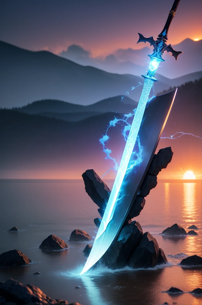 An enchanting image of an enchanted item, such as a sword, glowing with a powerful aura of fire. The sword wielder's eyes glow with an ethereal light, and a swirling mist forms on the blade's surface. The surrounding area is filled with a dense, warm, bluish-white mist, with a few scattered sparks and pebbles flying in all directions. telephoto lens, high ISO, vivid colors, dramatic lighting, sunset scenary.