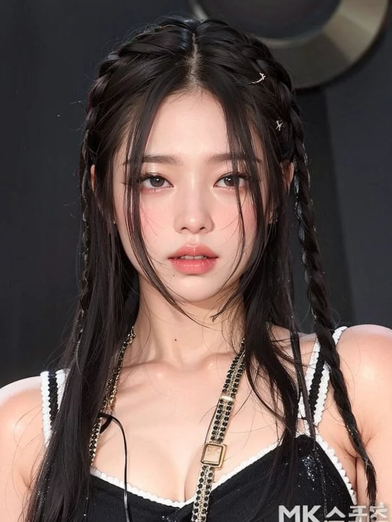 Jennie Kim, the iconic BLACKPINK rapper and singer, with swollen lips, thick and fleshy, sparkles of your lip gloss, is in Seoul on a rainy day. Despite the downpour, she radiates confidence and style as she walks through the city's busy streets. Her black trench coat matches perfectly with her transparent umbrella., creating a sleek, modern silhouette. Her black hair is wet and stuck to her face, but this only serves to enhance your natural beauty. A faint smile plays on his lips, as she observes the world around her with an air of mystery. City lights flicker and reflect in puddles of water, creating a vibrant and lively urban setting.