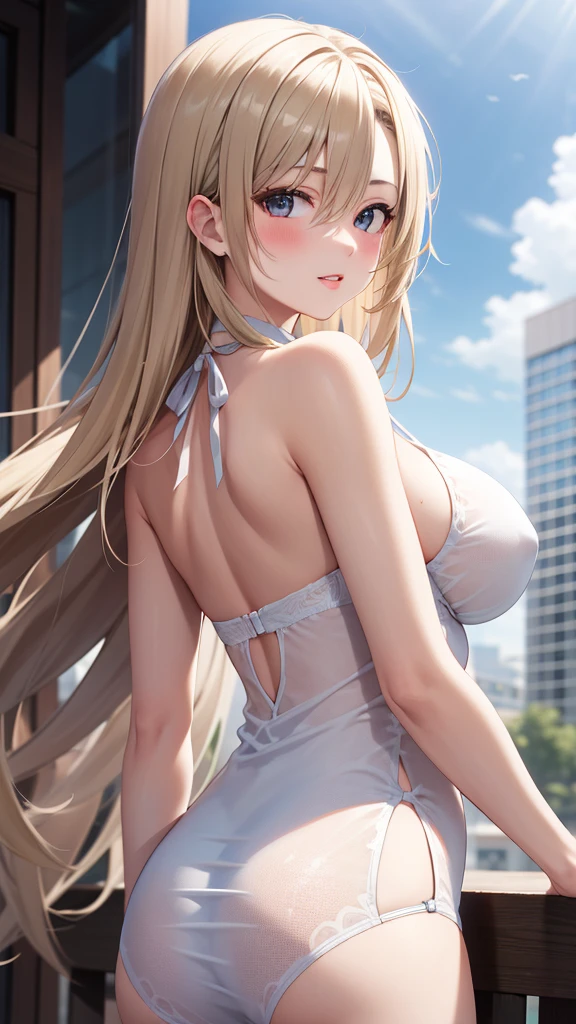 masterpiece, best quality, highly detailed, ultra high res, asuna ichinose, 1girl, solo, blonde hair, glossy lips, full lips, city, halter top dress, looking back at viewer, (bra:0.8) (panties:0.8)