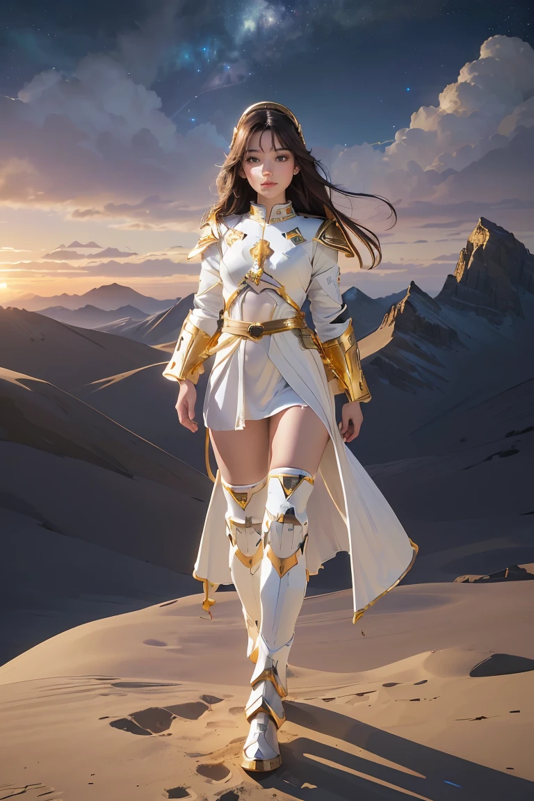 ((masterpiece, best quality, extremely detailed), volumetric lighting, ambient occlusion, colorful, glowing), 1girl, solo, young girl, (dark hair), long hair, halo, aura, sacred, goddess, cleric suit, (white outfit with gold detailst:1.3), armor, outdoors, sunset, sky, clouds, space, (fantasy theme:1.2), full body armor