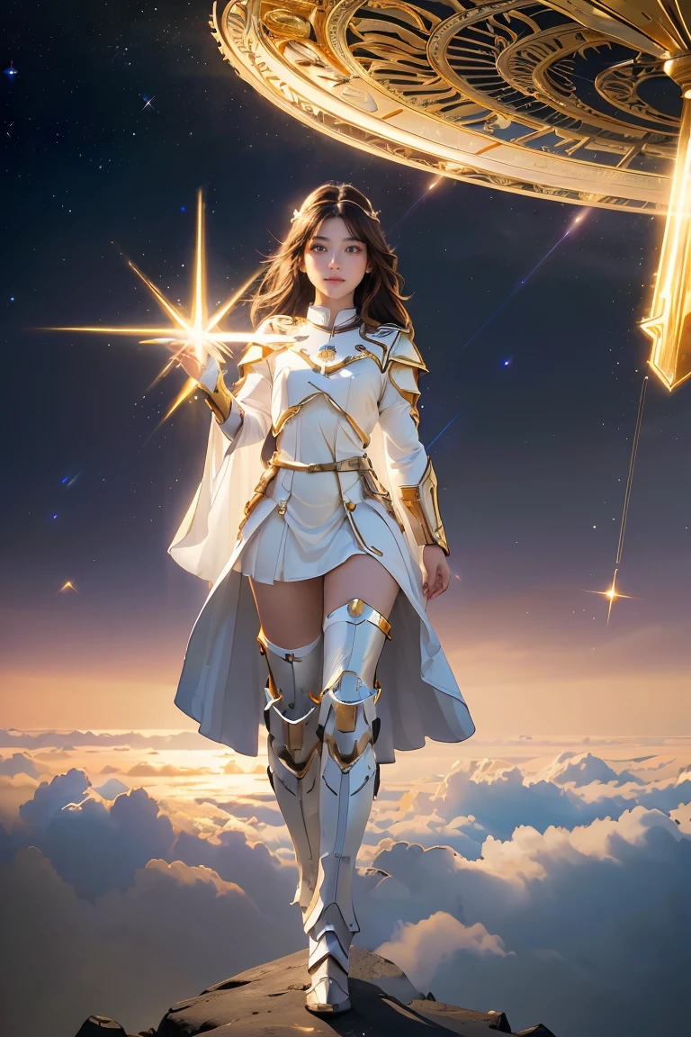 ((masterpiece, best quality, extremely detailed), volumetric lighting, ambient occlusion, colorful, glowing), 1girl, solo, young girl, (dark hair), long hair, halo, aura, sacred, goddess, cleric suit, (white outfit with gold detailst:1.3), armor, outdoors, sunset, sky, clouds, space, (fantasy theme:1.2), full body armor