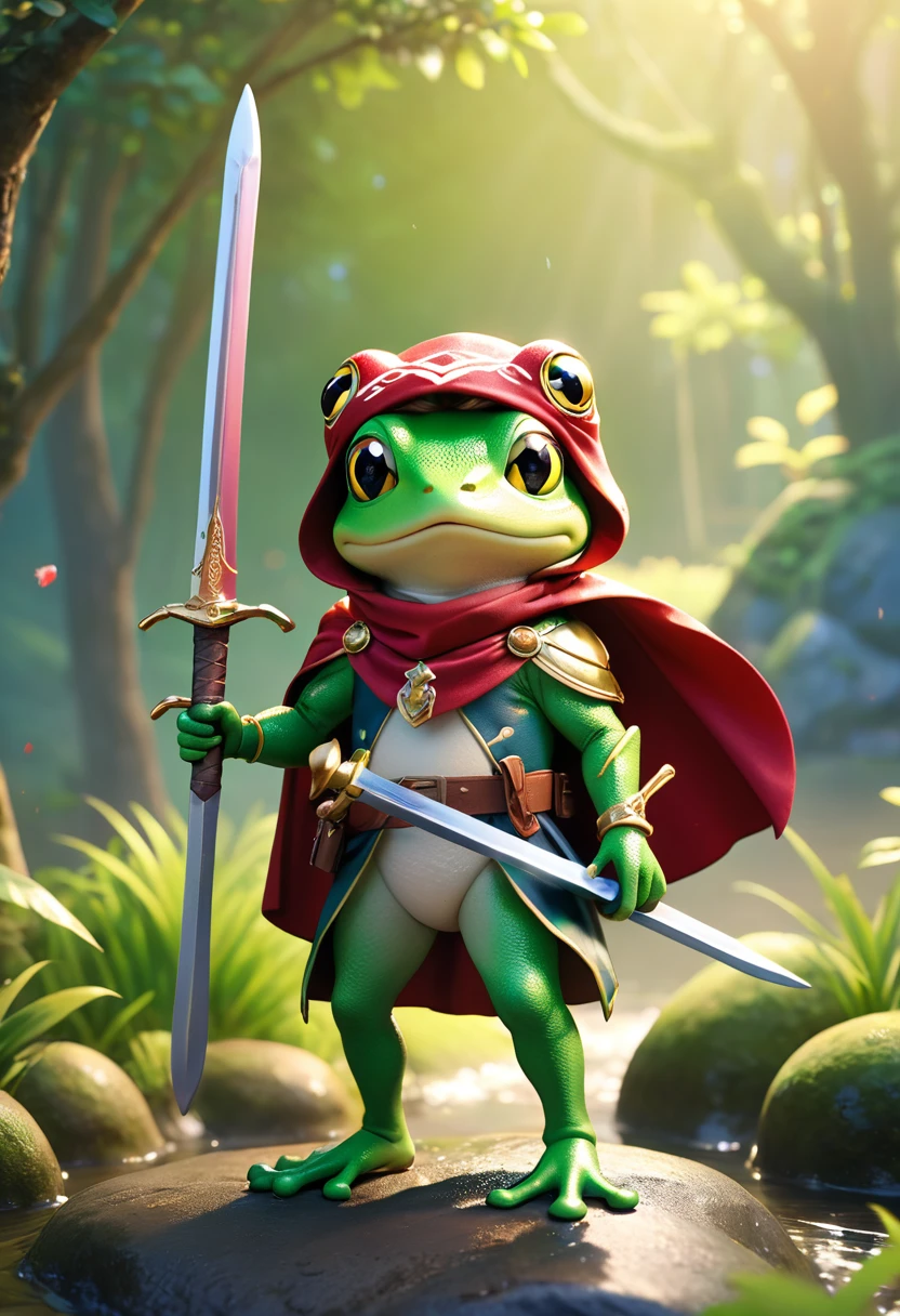 Esbian all over、Cool Frog、Pop Frog、Diorama、Simple Background、bandana、Holding a big sword in his hand、Brave、Cape、Best Quality, Capture the cutest moments, Depth of written boundary, Super detailed, Ultra-high resolution, Octadale, 8k, 16km race