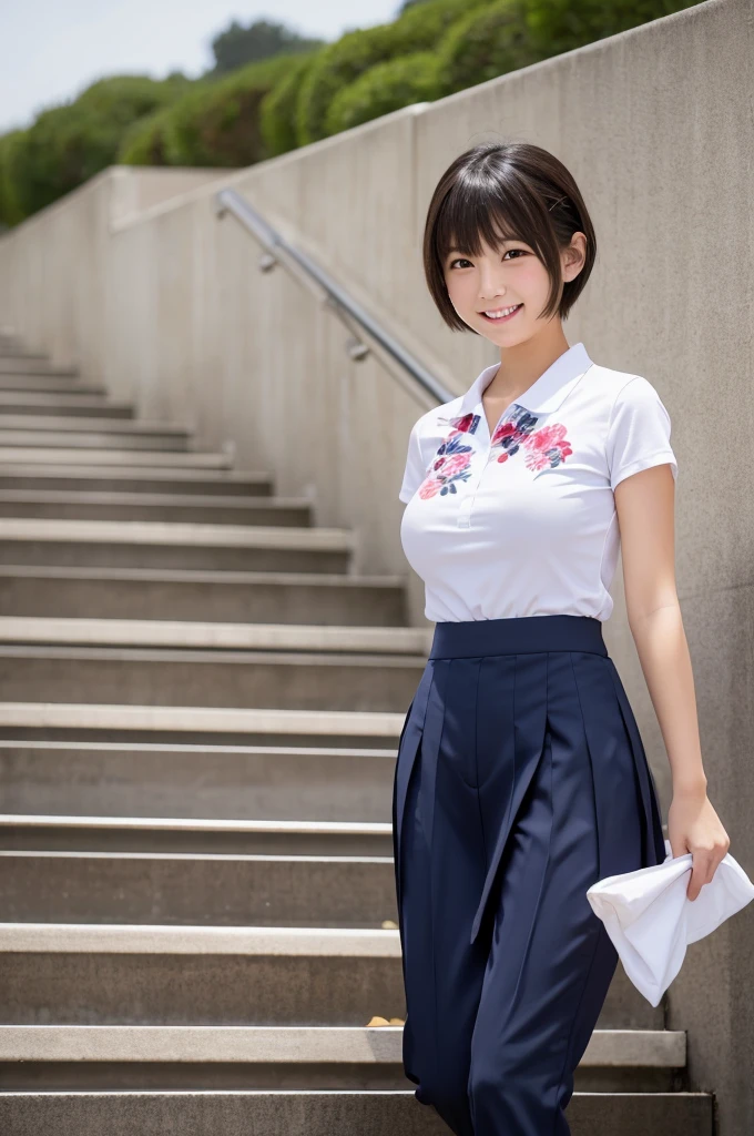 Japanese,Huge breasts,Ultra HD,uniform, School girls,short hair,Eyes are round,photograph,Super short skirt,walking up the stairs,Pants are visible from below,beautiful girl,Looking at this,Embarrassed face,The pants are white with a floral pattern.,School,Highest quality,Smiling a little,lovely