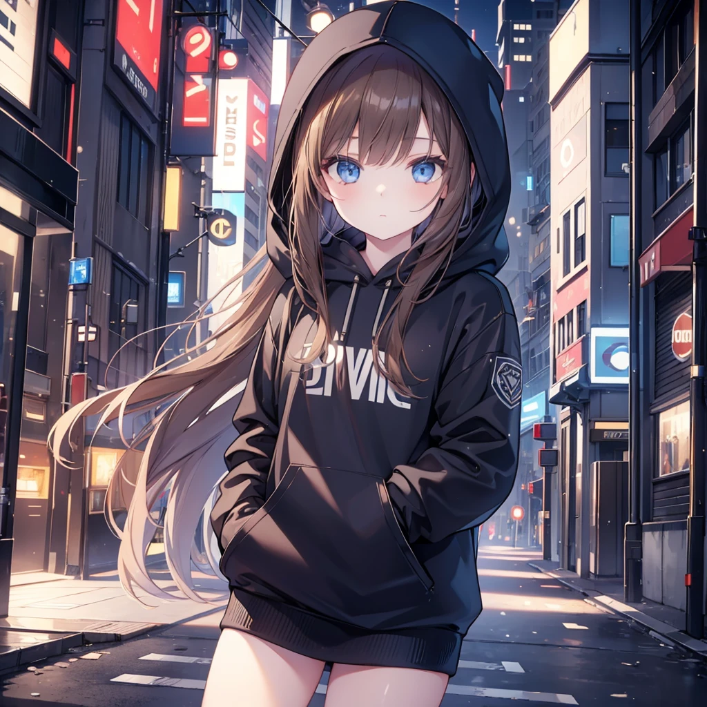 1girl, brown hair, blue eyes, wearing a black hoodie with Alan Walker's sign, city background, EDM style, electronic, cold light, 8k, looking at viewer