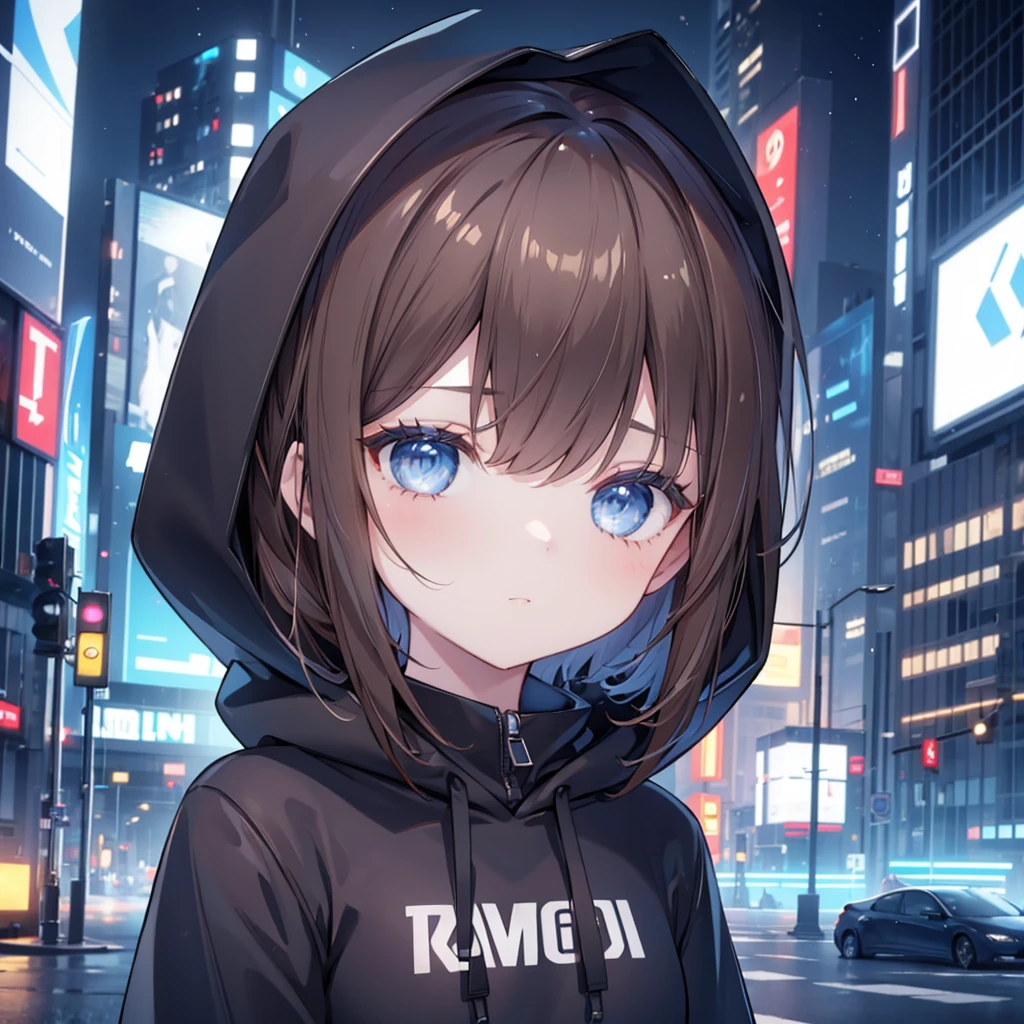 1girl, brown hair, blue eyes, wearing a black hoodie with Alan Walker's sign, city background, EDM style, electronic, cold light, 8k, looking at viewer