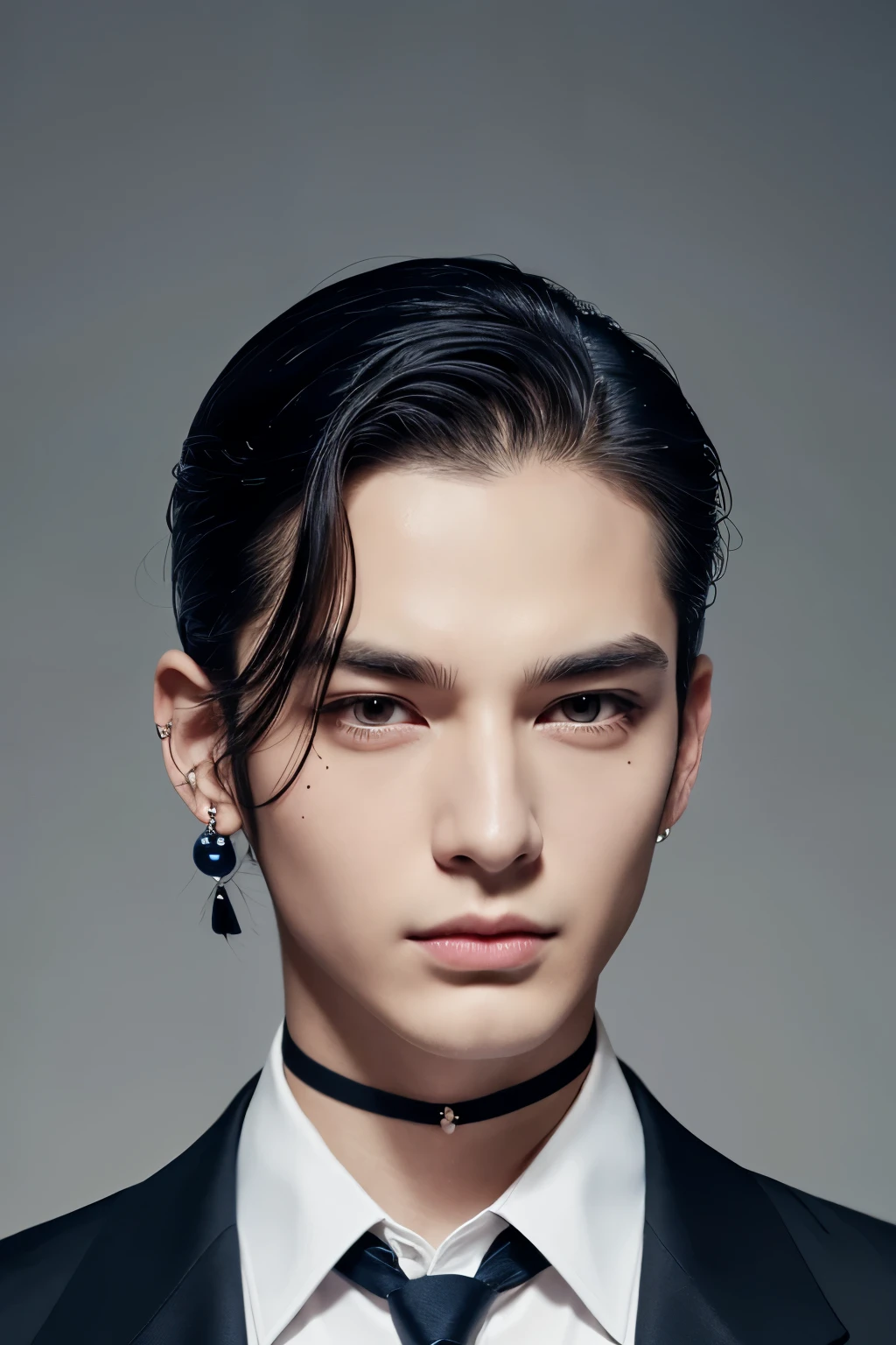 a handsome man with black slicked-back hair, pale skin, feline eyes, a mole near the eye, masculine features, small lips, pearl earrings, navy blue dress shirt, a tattoo of a spider lily on his neck, a black choker, sensual expression