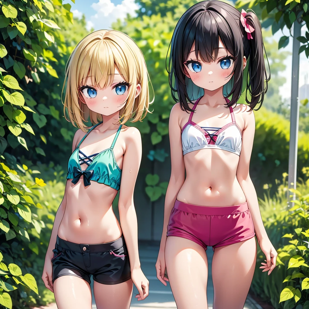 2 girls both are extremely young and are extremely skinny, in a tiny bikini and they look abt 7 years old. One of the girls have on a tight shorts and a bra while the other one is in a tight bikini making their butt stand out They are both walking while holding their cr