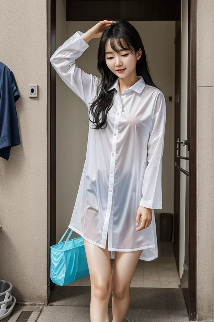 A Korean woman wearing wet clothes shows her body through the wet clothes she is wearing