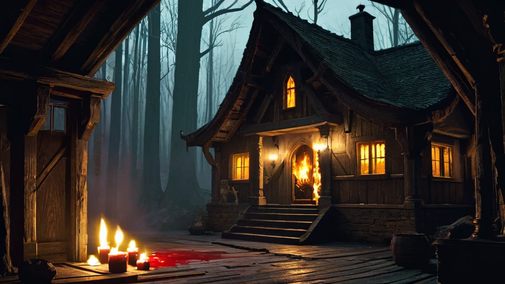 terrifying scene where a lycan, a fearsome werewolf creature, breaks into a small, rustic cottage. The cottage, nestled in the heart of a dark forest, is illuminated by the warm glow of a fireplace and a few flickering candles, casting eerie shadows across the room.

The lycan, with its menacing, muscular form and sharp, gleaming fangs, bursts through the wooden door, splintering it into pieces. Its fur is matted and dark, eyes glowing with a predatory intensity. The room is filled with a sense of chaos and fear as the lycan's claws dig into the wooden floor, leaving deep gouges.

Inside the cottage, furniture is overturned, and personal belongings are scattered in disarray. The cozy, once safe space now feels claustrophobic and dangerous. A faint trail of blood on the floor suggests a struggle, heightening the tension and urgency of the scene.

This image captures the raw power and primal terror of the lycan's intrusion, creating a vivid and gripping moment of suspense and horror in a medieval dark fantasy setting.