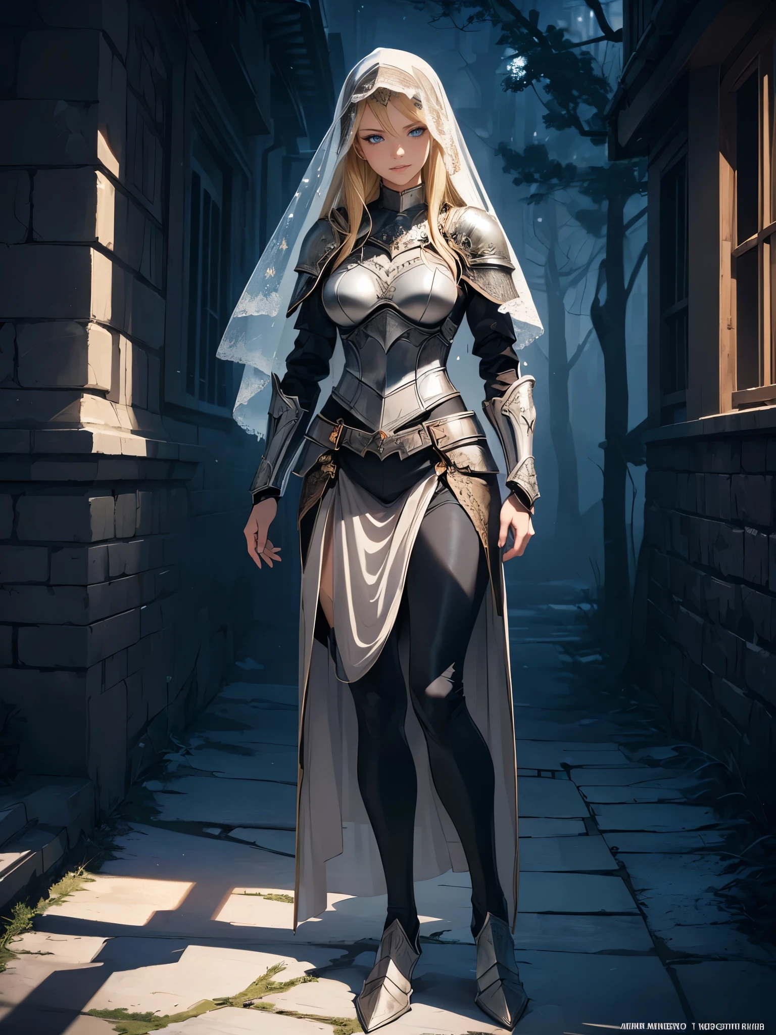 ((1girl, solo)), beautiful body, (perfect anatomy, perfect body, perfect hands, perfect legs), (five fingers:1.5), natural proportions, sexy body, large breasts, cowboy shot BREAK 

((extremely detailed face)), (beautiful detailed eyes:1.6), (realistic pupils, realistic iris:1), expressive eyes, looking at viewer, (clear eyes:1.3), (hyperrealistic:1.2), (detailed skin texture:1.2), smooth skin, (blonde hair:1.5), blue eyes, long hair, (detailed lips:1.2), (attractive lips:1.1), (glossy lips:1.1), (grin), perfect face, perfect eyes BREAK

female knight, (veil:1.4), long sleeves, (fantasy armor:1.5), (shoulder armor:1.2), (arm guard:1.3), armor gloves, (pelvic curtain:1.5), (black pants:1.5), skin tight, (greaves:1.3), armored boots, belt BREAK

(outdoors:1.5), (day:1.3), nature, (winter:1.4), trees, (shade of trees:1.2), (snow), mountain range, medieval, (fantasy setting:1.5) BREAK


(masterpiece:1.5), anime-style, top quality, best quality, (beautiful and aesthetic:1.2), (ultra detail:1.5), Ultra-detailed depiction, Ultra-precise depiction, extremely detailed 8k illustration, high resolution, (highly detailed shading:1.2), (realistic lighting:1.4), perfect lighting, vibrant colors, dynamic tones, striking hues, 8k, absurd resolution, perfect shadows, hdr, UHD, ambient lighting, realistic, ultra-realistic, photo realistic, highly detailed, rich detail, luminous colors, fine texture, intricate design, professional illustration, (soft light:1.2), (illustration:0.7)