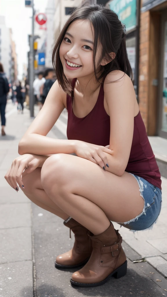 Photos taken by a professional photographer,Laughter:1.5,Close-up of a 21-year-old Japanese woman squatting on the sidewalk, Wearing a tank top, Brown Shortcut, My hair is messy,Young and pretty girl, Wear a miniskirt:1.5,Wear stylish boots,Flashy makeup using red eyeshadow,I can see your beautiful thighs,Crouch down facing forward,