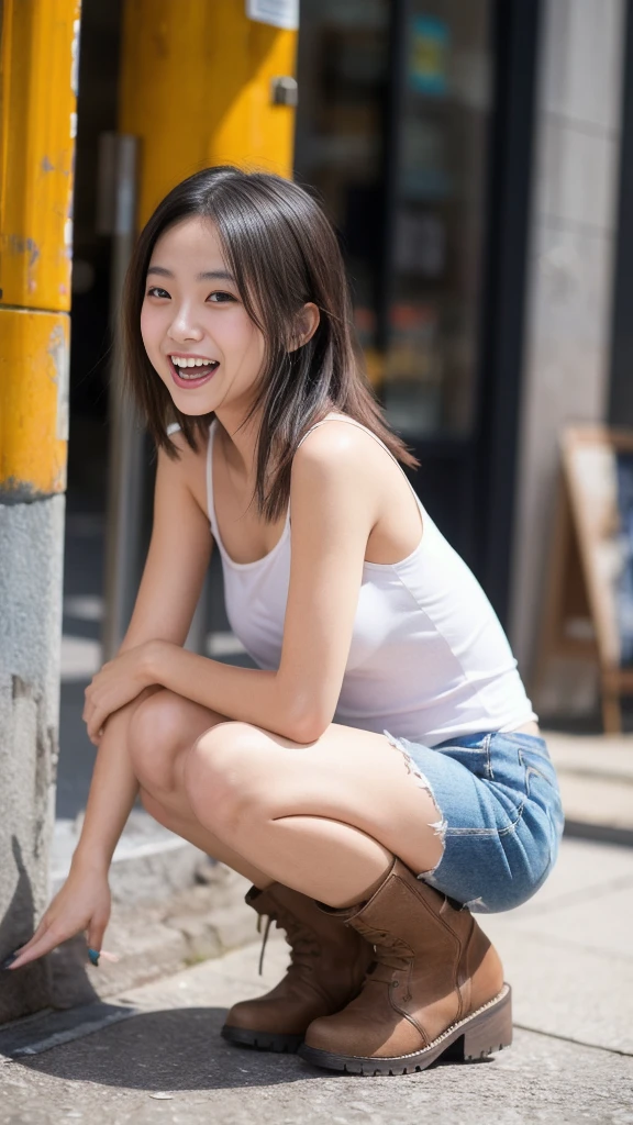 Photos taken by a professional photographer，Laughter:1.5，Close-up of a 21 year old Japanese woman, Wearing a tank top, Brown long hair, My hair is messy，Young and pretty girl, Wear distressed denim shorts:1.5，Wearing sandals，Crouch down facing forward，
