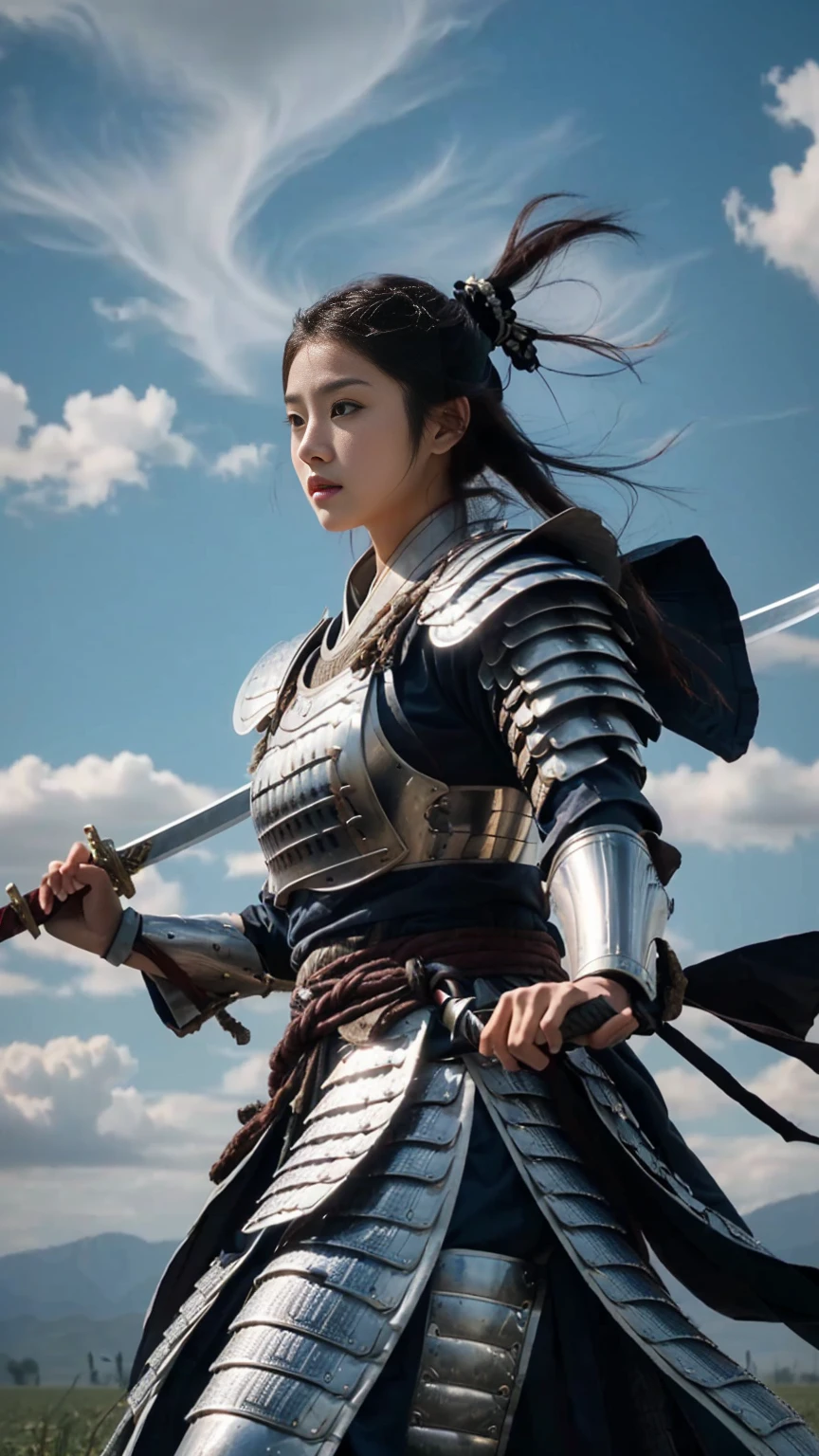 Arabian woman in armour holding two swords in a field, Maid, Wearing samurai armor, 美しいWoman warrior, She has a sword, Japanese live-action films, beautiful Woman warrior, Portrait Shot, Japanese Warrior, Woman warrior, Wearing samurai armor, Girl in knight's armor, She has a sword, With a sword on his shoulder