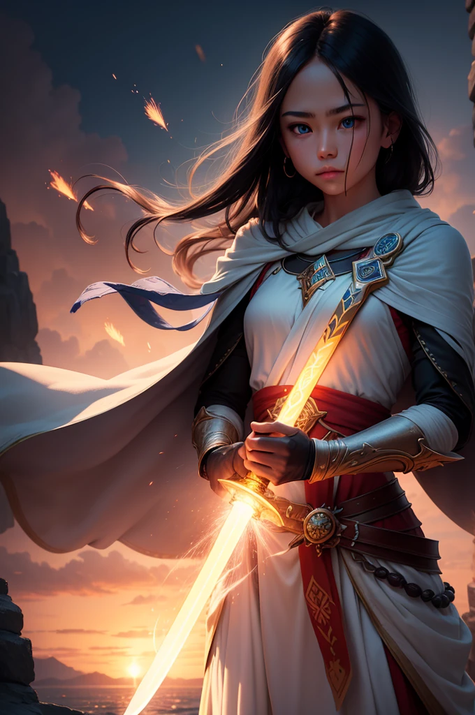 An enchanting image of an enchanted item, such as a sword, glowing with a powerful aura of fire. The sword wielder's eyes glow with an ethereal light, and a swirling mist forms on the blade's surface. The surrounding area is filled with a dense, warm, bluish-white mist, with a few scattered sparks and pebbles flying in all directions. telephoto lens, high ISO, vivid colors, dramatic lighting, sunset scenary.