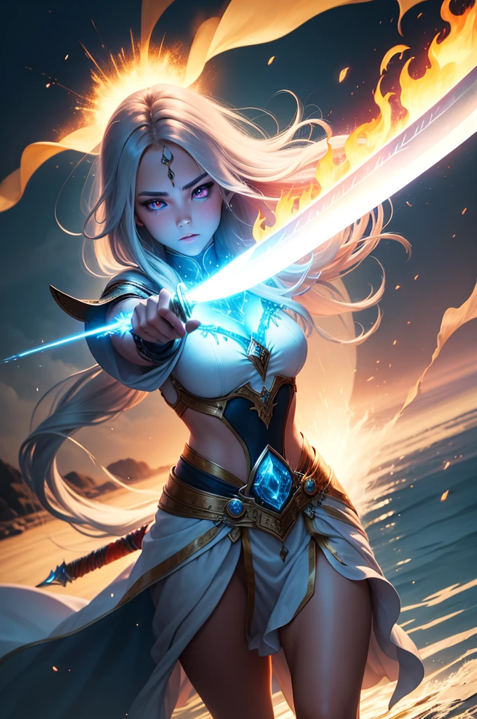 An enchanting image of an enchanted item, such as a sword, glowing with a powerful aura of fire. The sword wielder's eyes glow with an ethereal light, and a swirling mist forms on the blade's surface. The surrounding area is filled with a dense, warm, bluish-white mist, with a few scattered sparks and pebbles flying in all directions. telephoto lens, high ISO, vivid colors, dramatic lighting, sunset scenary.