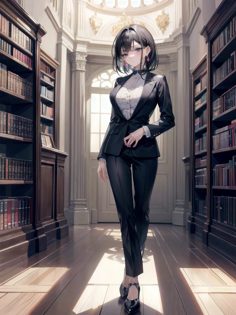 absurdres, RAW photo, extremely delicate and beautiful, masterpiece, Best Quality, ultra high resolution, 32k, hyperrealistic, ultra-detailed, delicate facial features, beautiful detailed woman, tearful mole, earring, medium breasts, (full body shot), medium hair, black hair, Wearing a suit, Bright room, Bright library,