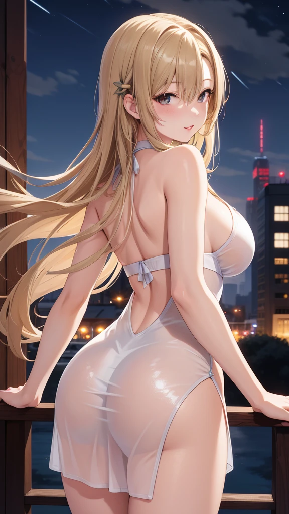 masterpiece, best quality, highly detailed, ultra high res, asuna ichinose, 1girl, solo, blonde hair, glossy lips, full lips, city, (night scene:1.3), halter top dress, looking back at viewer,