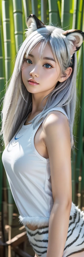 10-year-old girl、Baby Face、Classmate、whole body、(White tiger fur tank top、White Tigerの毛皮:1.5)、(Fluffy fur clothes)、Small breasts、Open your mouth wide、(Large canines、Kiva)、bangs、Long Hair、(White Tiger、Fox Ears、Silver Hair、Crystal clear hair、Smooth Hair:1.5)、Put your hands out in front of you、The light illuminates my hair、Light Hair、Silky Hair、Shiny Hair、Slim body、RAW Photos, (Highest quality、masterpiece、Realistic photo:1.2)、Dramatic lighting、Bright lighting、Super detailed、Realistic skin texture、Beautiful eyes in every detail、Blue colored eyes、Bamboo forest、Chinese bamboo forest、(Detailed Background、Depth of written boundary:1.2)、