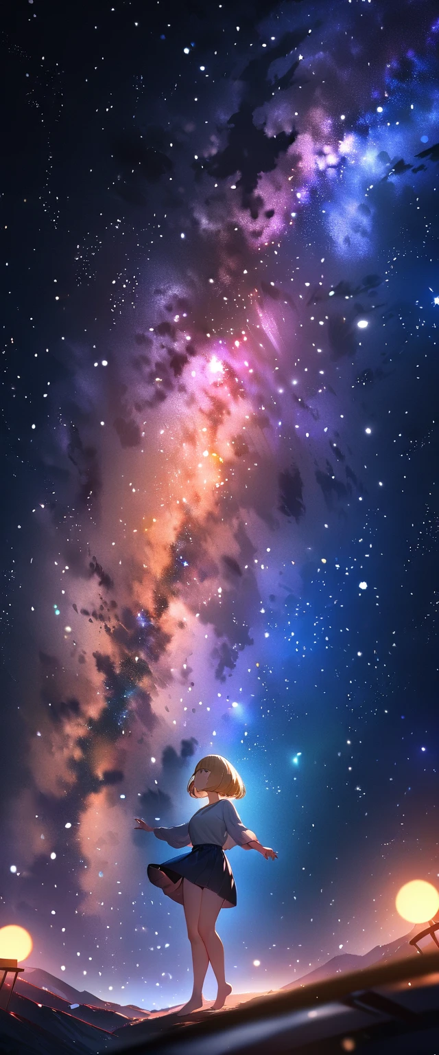 (((A big star dancing in the night sky, countless stars twinkling in the clear air, a beautiful starry sky, the Milky Way shining beautifully in the night))), mountain, wide shot, a girl, bob cut, bare legs, bare foot, blond hair, (best quality, 4K, 8K, highres, masterpiece:1.2, ultra-detailed, HDR, uhd, studio lighting, ultra-fine painting, sharp focus, physically-based rendering, extreme detail description, professional, vivid colors, bokeh)