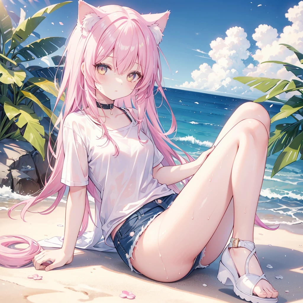 1girl, pink hair, yellow eyes, with cat ears, cat tail, wearing a plain white T-shirt, denim shorts, wet, at beach, golden sunlight, 8k, looking at viewer