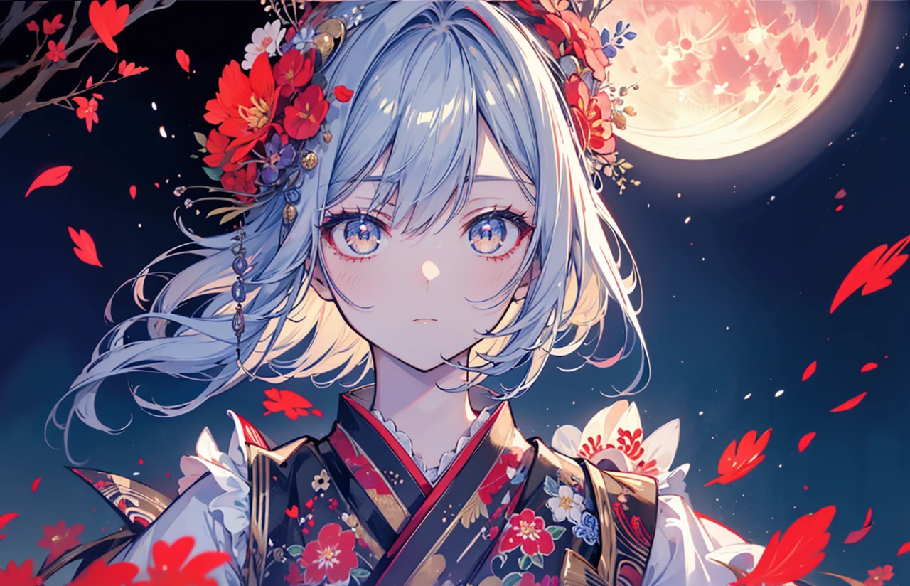 1 person female,Masterpiece,detailed body,Detailed facial expressions,Beautiful Face,A profusion of flowers,Flowers falling,Alluring,sex appeal,Japanese style,(Big red full moon)