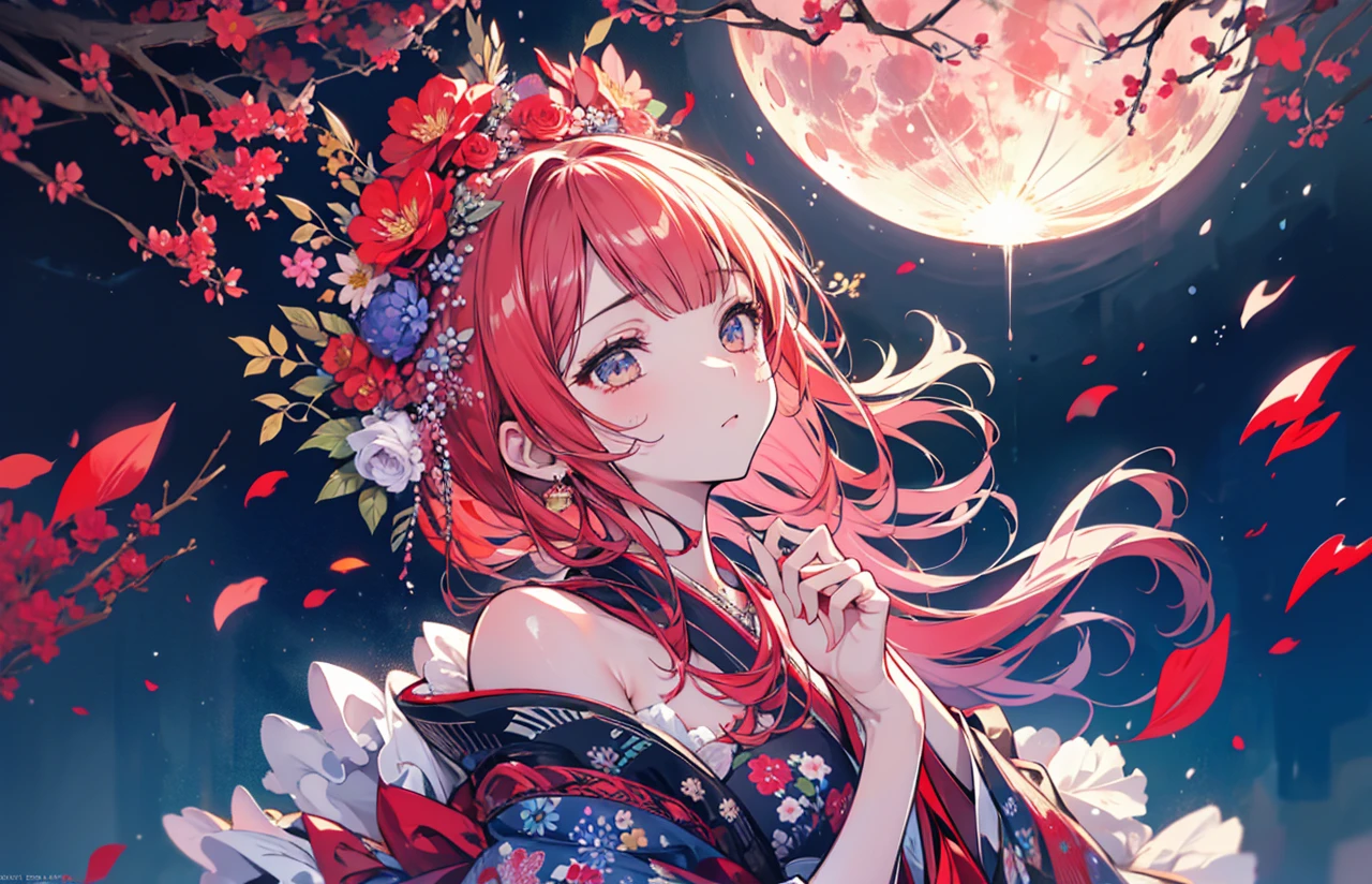 1 person female,Masterpiece,detailed body,Detailed facial expressions,Beautiful Face,A profusion of flowers,Flowers falling,Alluring,sex appeal,Japanese style,(Big red full moon)
