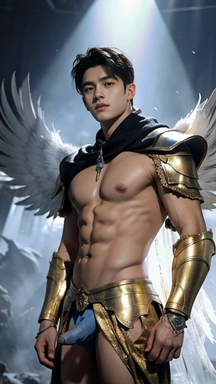 3 men standing toghether, hug, super high resolution, best quality, photo, 4k, (photorealistic: 1.4), cinematic lighting, full naked , 3 male angel with large translucent wings, expose the penis, huge penis, errected, shirtless naked muscular man, abdominal muscles dressed in medieval gold armor, detailed feathers, men angel with large translucent wings, muscular , abdominal muscles clad in medieval gold armor, detailed feathers, environment cyberpunk, snow and ice environment in the background, ice cathedral, portal of the future, 3D light, HD, magic, god of light, backlighting, detailed face, inspirited by  Li Xian, Leo Wu,  contrasts, smooth skin, soft hands, correct anatomy, five fingers. focus on the penis