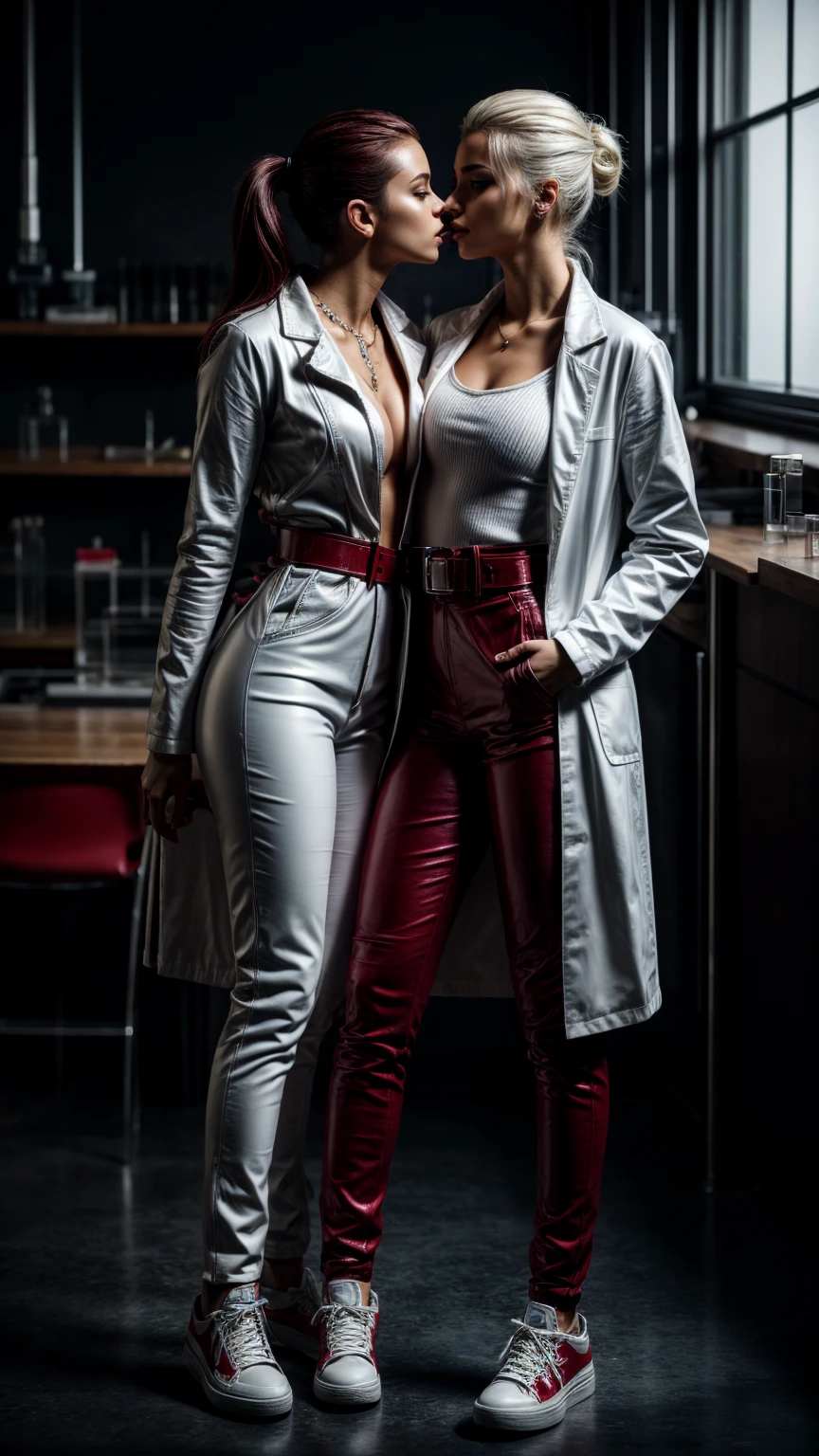 Seductive and confident look. Distant image. Labcoat. Long legs. Twi Slim teenage european girls. Lesbian kissing. Red leather trousers, sneakers. Vintage science laboratory. White hair, sidecut. Piercing. backlit, smirk, belt, backlit, perfect sultry make-up, cinematic, realistic, high contrast, visually rich,piercing eyes, strong eyeliner, mesmerizing eyes, elegant, graceful, natural beauty, charismatic, versatile, photogenic, very detailed