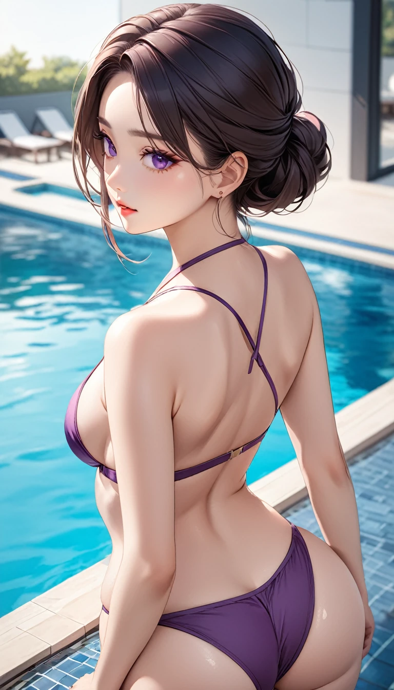 masterpiece, high resolution, beautiful woman, Korean Beauty, 30 years old, purple bikini, beautiful woman, pool, looking at me, high resolution face, (high resolution eyes), back, ass, ass job
