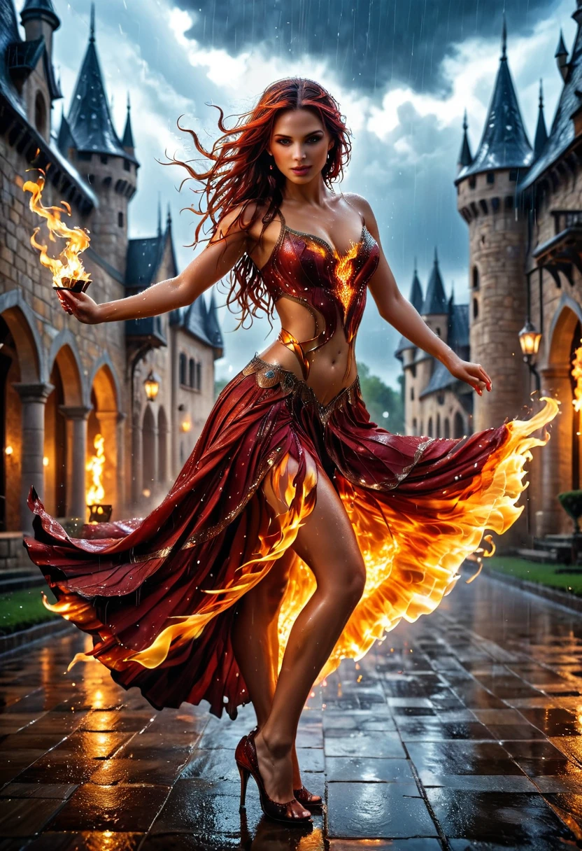 (a photorealistic portrait of a sorceress of fire making fire dance in a storm of rain: 1.5), a most exquisite beautiful sorceress, controlling fire manipulating fire, a woman, dynamic hair color, dynamic hair style, (most beautiful face: 1.3), (ultra detailed face: 1.2), wet hair, wet face, dynamic eyes color, full body shot, wearing dress made of fire, wearing intricate high heels, light make up, dancing in courtyard of a fantasy castle background, ((heavy rain drops: 1.1)), clouds in the sky, (anatomically correct: 1.4), (full body shot: 1.1) , vibrant, Ultra-high resolution, High Contrast, (masterpiece:1.5), highest quality, Best aesthetics), best details, best quality, highres, ultra wide angle, 16k, [ultra detailed], masterpiece, best quality, (extremely detailed), faize, Intense gaze, Cinematic Hollywood Film