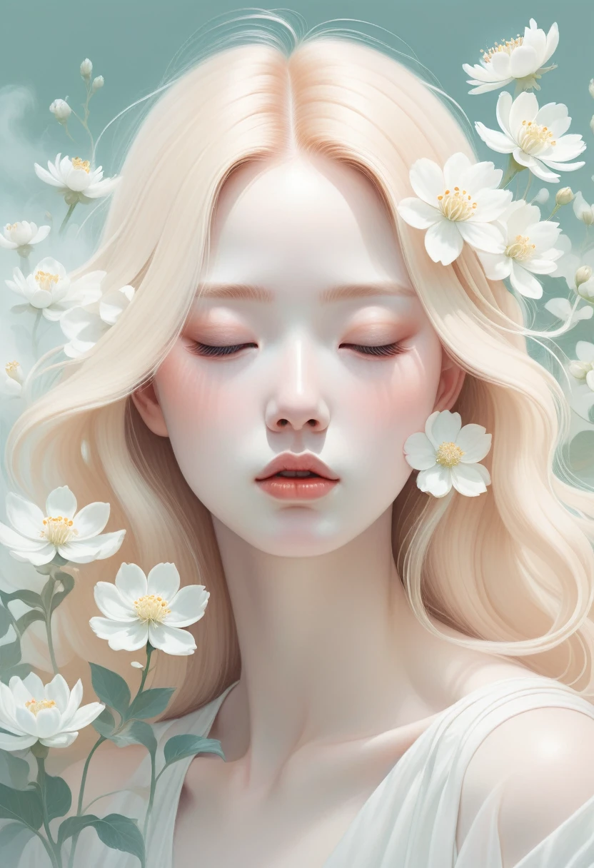 (mist:1.5)，Soft space，Soft tones，dream，Hazy and mysterious，大量mist和白色小花覆盖，Modern illustration elements。Tranquility、Pure atmosphere，blond woman with white flowers covering her face and eyes, inspired by Hsiao-Ron Cheng, inspired by Yanjun Cheng, by Ayami Kojima, by Hsiao-Ron Cheng, by Yanjun Cheng, Guweiz, artwork in the style of Guweiz, by Eizan It&#39;s a gift, cake, james jean and wlop