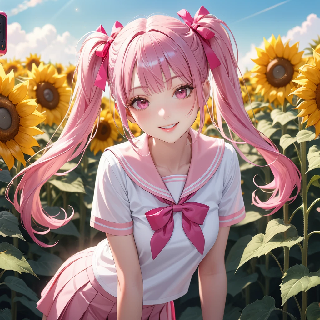 (8K, masutepiece, Best Quality, Official art, beautiful detailed, beautiful lighting, best masterpiece in history that exceeds limits), (1 Girl, 独奏), (sixteen years old), (beautiful detailed face), (shiny white skin), (Beautiful big bust:1.3), (thighs, navel), (beautiful detailed pink twin tails hair, bangs:1.3), (beautiful detailed drooping pink eyes:1.5), (high school uniform:1.3), (patsel pink sailor collar, white short sleeves short length outing shirt, pastel pink pleated skirt, patsel pink ribbon:1.3), (happy smile:1.2), (Attractive, Look at the camera, cute pose), breathtaking scenery, (ultra detailed realistic Beautiful field of sunflowers, blue sky, buzzer, soft breeze, fan:1.2),
