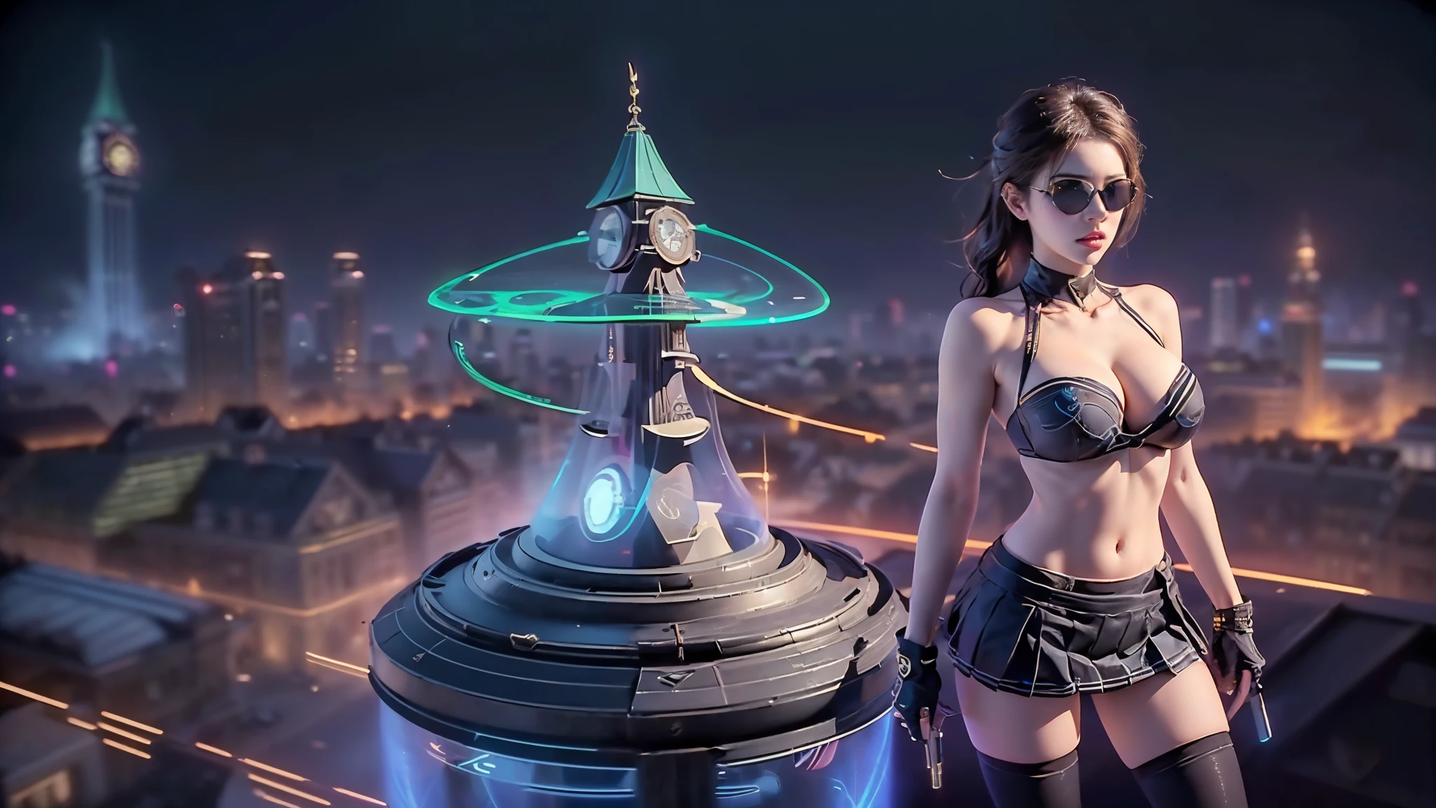 (aerial view). at night, futuristic sci-fi cyberpunk city, broad viaduct, skyscrapers at the end of the viaduct, the movie "13th Floor" style, (((((voltex-spirit-spreading giant clock tower as time machine))))), hq. Matrix style, at night, (1girl, solo), photo realistic, (large-breast:1.2 slim body, cleavage:1.3), (((tube top, extreamly short pleated (((miniskirt)))))), (((((matrix style black sunglasses))))), (((((aiming at camera with a (short:0.8 pistol)))))), (((half-body (thigh level) medium shot))), (cinematic lighting).