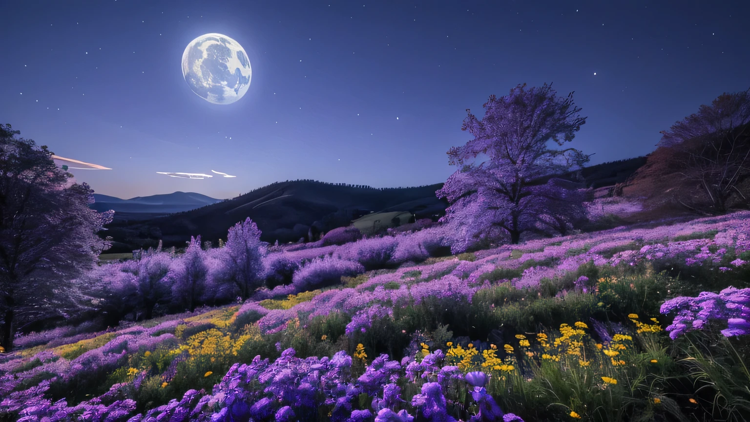 Vast landscape photography，（View from below。I can see the sky and the wilderness below.），Flower Field，（full moon：1.2），（meteor：0.9），（Star Cloud：1.3），Fir Mountain，Rios，（Warm light source：1.2），（Glow worms：1.2），The lamp lights up，Blue and purple，Intricate details，Volumetric Lighting Break（masterpiece：1.2）， （Highest quality），4K，Very delicate，（moving composition：1.4），Extremely detailed and colorful（Iridescent colors：1.2），（Sparkling Lights，Atmospheric lighting），dream Magic，Magic，（solo：1.2）