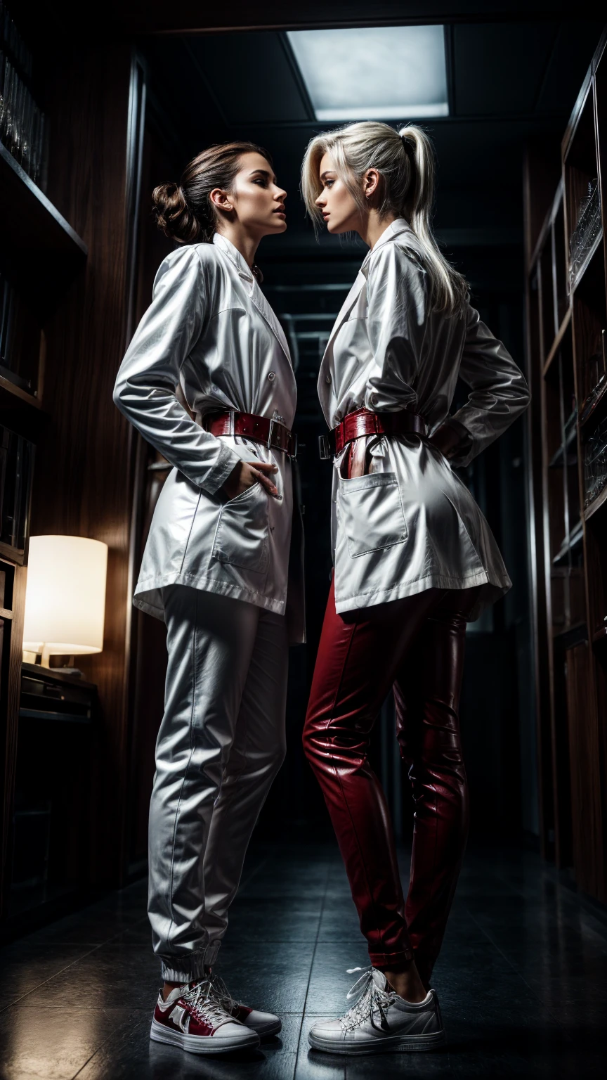Seductive and confident look. Distant image. Labcoat. Long legs. Two Slim age european girls. Lesbian kissing. Red leather trousers, sneakers. Vintage science laboratory. White hair, sidecut. Piercing. backlit, smirk, belt, backlit, perfect sultry make-up, cinematic, realistic, high contrast, visually rich,piercing eyes, strong eyeliner, mesmerizing eyes, elegant, graceful, natural beauty, charismatic, versatile, photogenic, very detailed